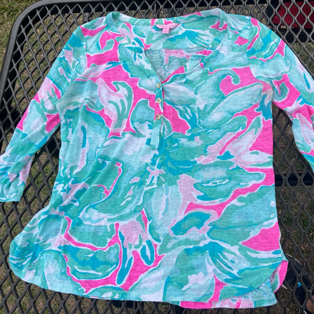 LILLY PULITZER Mindy Tunic Top Tropical Pink Sands V-Neck Linen Shirt Medium - Picture 5 of 11